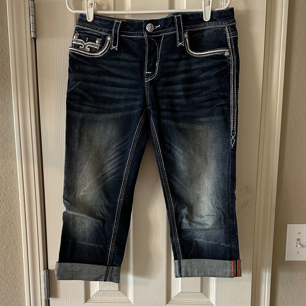 Rock Revival Dark Blue Denim Capris with White Accents